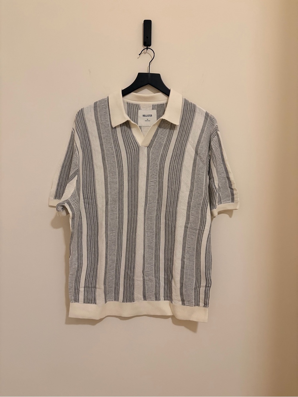 Hollister Cream and Gray Vertical Stripe Knit Polo